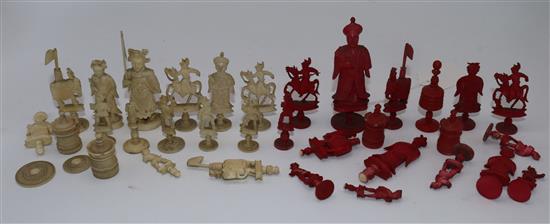 Cantonese red and white carved ivory part chess set